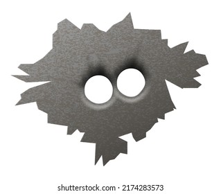 Double gunshot mark. Realistic round bullet holes