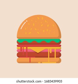 Doble icono plano de hamburguesa en segundo plano. Hamburguesa con ensalada, salsa de tomate, queso y chuleta. Comida rápida. Ilustración vectorial.