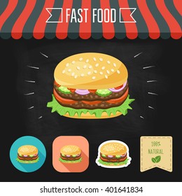 Double hamburger icon on a chalkboard. Set of icons and eco label. Flat design. Vector illustration