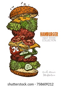 Double hamburger with meat, salad, cheese and vegetables. Hand drawn engraving colorful food image. Bright element for design of menus, signboards or posters. Vector illustration isolated on white