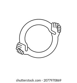 Double handshake, round element, for text, vector illustration, flat line, business, deal, print, sticker
