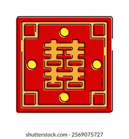 Double Happiness Plaque Illustration, A square red plaque with the "Double Happiness" symbol, representing joy and marriage blessings.