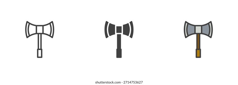 Duplo hatchet medieval arma estilo diferente ícone conjunto. Linha, contorno preenchido e ícone de vetor de cor sólida. Símbolo de machado de batalha, sinal de combate, ícone de arma de guerreiro para ícone de fantasia.