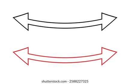Double headed black and red outline long curve arrow icon set. Set of new style black and red vector arrows isolated on white. Arrow vector icon. Arrows vector illustration collection.
