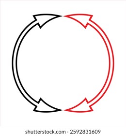 Double headed curve black and red arrow sign outline. Long curve arrow icon vector. Double side long curve arrow sign. Different black and red curve arrow direction symbols in flat style.