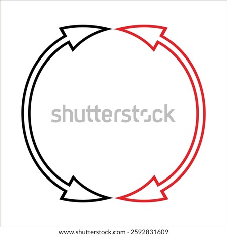 Double headed curve black and red arrow sign outline. Long curve arrow icon vector. Double side long curve arrow sign. Different black and red curve arrow direction symbols in flat style.