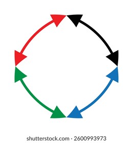 Double headed curve red, black, green, blue arrows. Dual sided curved arrow icon.  Double head reverse arrows. Black and red arrow. Replaceable vector design. Black, red vector arrows set.
