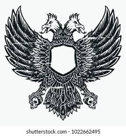 double headed eagle bird hand drawing black and white