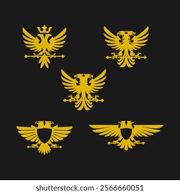 Double headed eagle logo design. Heraldic falcon icon. Hawk insignia symbol.