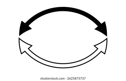 Seta semicírculo de duas pontas. Setas pretas e brancas definidas. Ilustração de seta de ponta dupla. Vetor preto e branco e seta de contorno. Símbolo de direção. Ícone de seta curva de lado duplo.