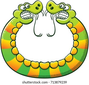 Double headed snake with sharp fangs, long forked tongues and yellow stripes while forming a circle with its body and confronting its two sides in an aggressive way