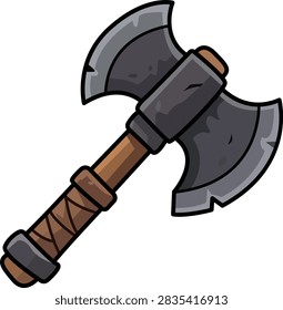 Double headed war axe with rustic wood shaft. Worn iron blades with scratches. Leather binding on grip. Strong medieval weapon icon.