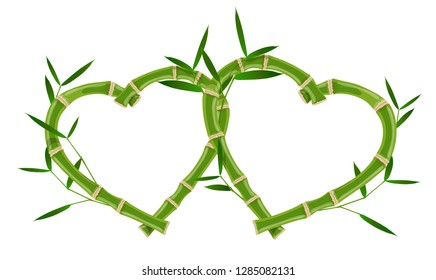 Double heart bamboo frame isolated on white background, romantic design congratulations on Valentine's Day