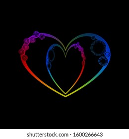 Double heart made of rainbow spirals and neon monograms in vintage style. For people in love for the holidays.
