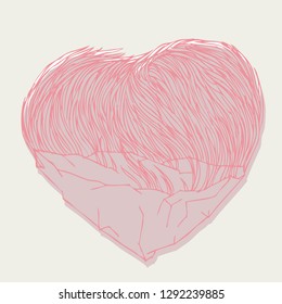double heart, on top of it is filled with grass and below the stone bottom. greeting card with valentines day. illustration for February 14
