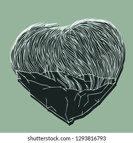 double heart, on top of it is filled with grass and below the stone bottom. greeting card with valentines day. illustration for February 14
