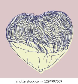 double heart, on top of it is filled with grass and below the stone bottom. greeting card with valentines day. illustration for February 14
