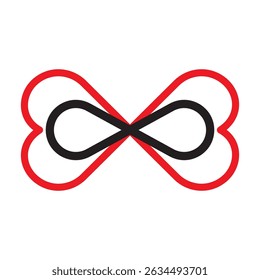 Double heart symbol. Infinity loop icon. Vector love connection. Red black outline.