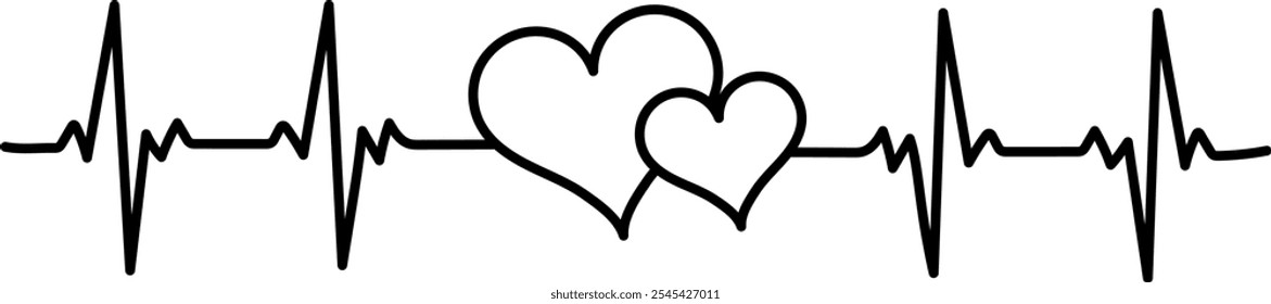 Double Heartbeat of Love - EKG Line Art with Overlapping Hearts