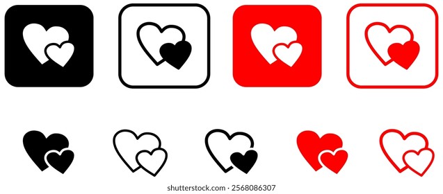 double hearts icon, two hearts symbol sign. favorite heart icon button. save or add to favorites icon, like love symbol in filled, thin line, outline and stroke style for apps and website.