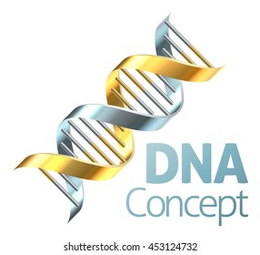 A double helix DNA chromosome strand in gold and silver genetics concept