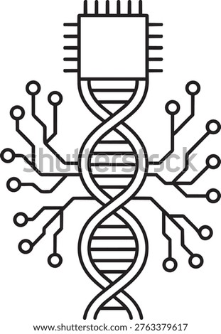 Double helix dna strand with microchip line icon representing biological engineering and advanced medical biotechnology