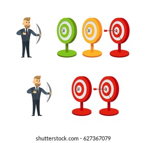 Double hit and triple hit illustration. Businessman aiming target with bow and arrow. Business navigation illustration. Business concept. Business strategy concept. Win and success business concept.