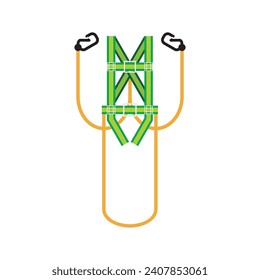 Double hook and lanyard of safety full body harness with trauma suspension straps icon, symbol, and illustration. Working at height personal protective equipment.