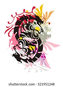 Double horse sing splashes. Grunge twirled tribal double horse symbol with colorful floral splashes