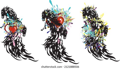 Double horse symbol splashes with red heart - three options. Flaming horse symbols for prints on T-shirts, invitation cards, tattoos, textiles, wallpaper, fabric, fashion trends, valentines, etc.