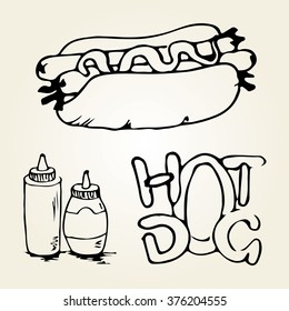 Double hot dog hand drawn illustration. Fast food design elements, sketch of double hotdog with sauces in a bottles and handwritten label. Monochrome EPS8 vector graphics.