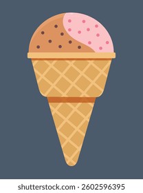 Double ice cream waffle horn, vector