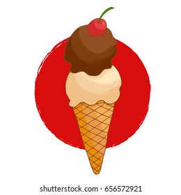 Double ice-cream in a cone on red circle.