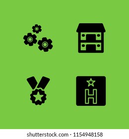 double icon. 4 double set with science icons, ribbon badge award and hostel vector icons for web and mobile app