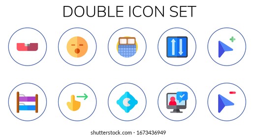 double icon set. 10 flat double icons. Included bed, bunk bed, sleep, swipe right, double bed, pillow, two ways, testimonial, clicker icons