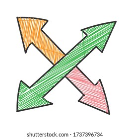 Double intersecting arrow with hatching. Vector drawing in the Doodle style, isolated on a white background for design and theme design.
