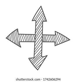 Double intersecting arrow with hatching. Vector drawing in the Doodle style, isolated on a white background for design and theme design.