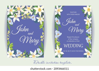 Double invitation. Decoration of the postcard with narcissus flowers, crocuses, green twigs. Spring design for your decoration. Delicate flowers on a purple background All elements are isolated.