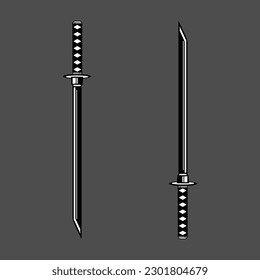 Doble katana espada samurai ronin con círculo rojo sol estilo japonés tatuaje de pantalla plana diseño de icono vectorial.