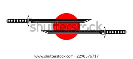 Double katana sword samurai ronin with red circle sun japanese style tattoo flat vector icon design.