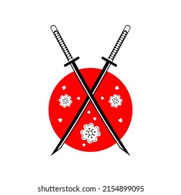 Double katana sword samurai with sakura flowers on red circle japanese style tattoo flat vector icon design.