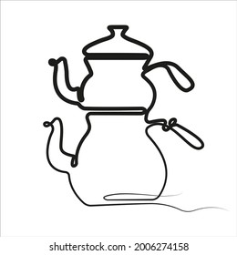 Double kettle - one line drawing. Turkish teapot. Teapot in continuous line drawing style isolated on white background. Vector. Linear style. 