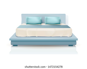 Double King Size Bed with Blue Pillows and Blanket Isolated on White Background, Luxury Bedchamber Indoor Furniture Design, Modern Home or Hotel Bedroom Equipment, Realistic 3d Vector Illustration