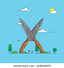 Double knife with clouds and trees in the morning blue background. Knife Monument. Vector illustration of a knife in a flat style. EPS 10