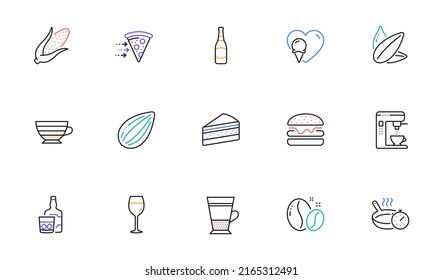 Double latte, Food delivery and Corn line icons for website, printing. Collection of Ice cream, Whiskey glass, Wine glass icons. Cappuccino, Burger, Frying pan web elements. Coffee beans. Vector