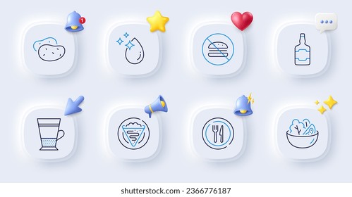 Double latte, Potato and Salad line icons. Buttons with 3d bell, chat speech, cursor. Pack of Food, No burger, Water drop icon. Whiskey bottle, Crepe pictogram. For web app, printing. Vector