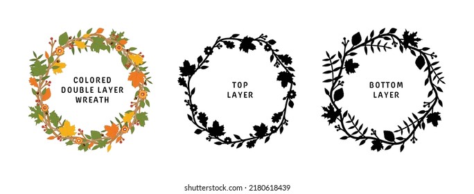 Double layer autumn wreath for plotter laser cutting of paper, cardboard, plywood, wood carving. Colored editable example included. Circle pattern of autumn leaves with flowers, acorns and berries.