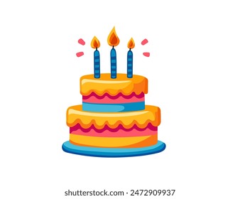Double layer birthday cake with three burning candle vector illustration isolated on white background