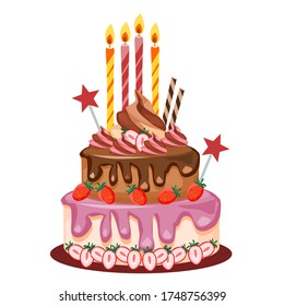 Double layer birthday cake Topped with chocolate cream, strawberry cream And whipped cream. With candles and waffles in the shape of stars Embroidered on top
