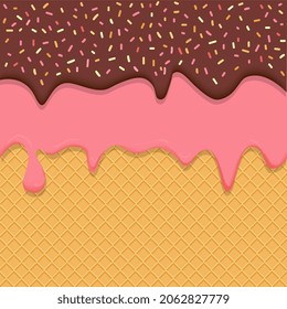 Double layer chocolate with sprinkles and strawberry ice cream melted on waffle cone background collection